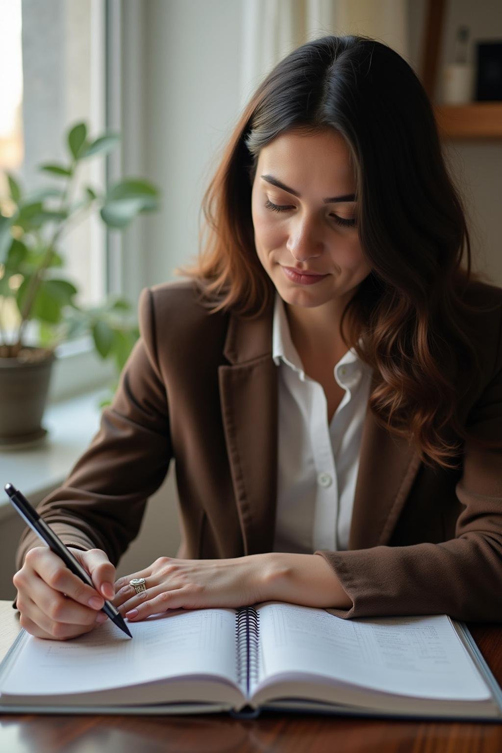 A woman thoughtfully writing in a journal, preparing to communicate her needs effectively
