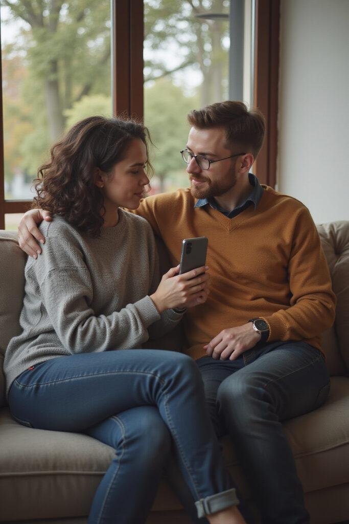 Couple discussing feelings comfortably at home, showing healthy communication after a setback in their relationship