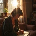 Individual writing in a journal during a peaceful afternoon to facilitate emotional healing after a breakup