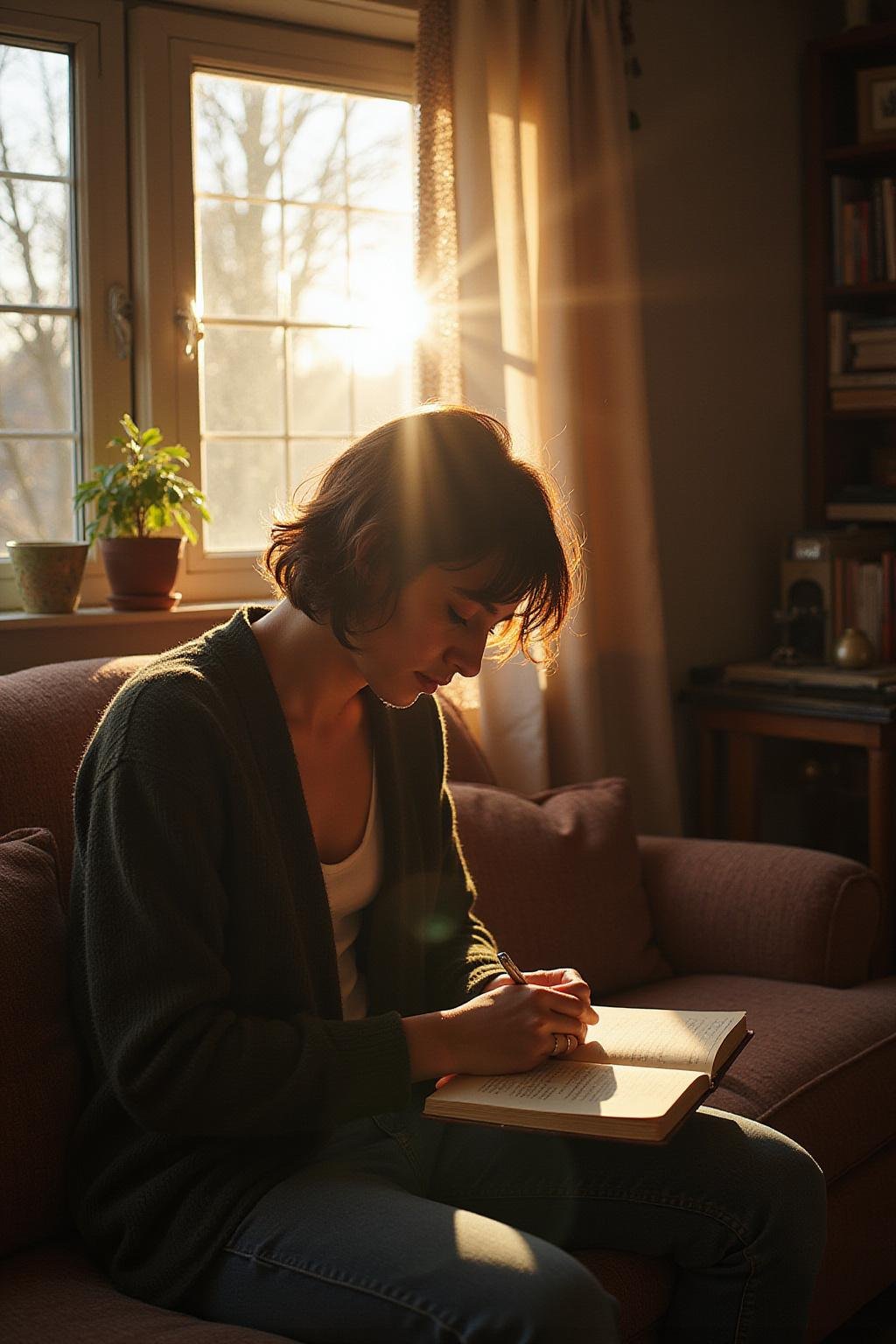 Individual writing in a journal during a peaceful afternoon to facilitate emotional healing after a breakup