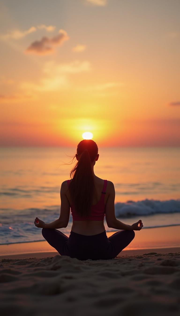 Individual meditating at sunrise on the beach to promote emotional healing after a breakup