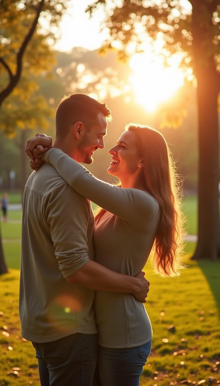 Happy couple hugging outdoors, illustrating true love and emotional connection