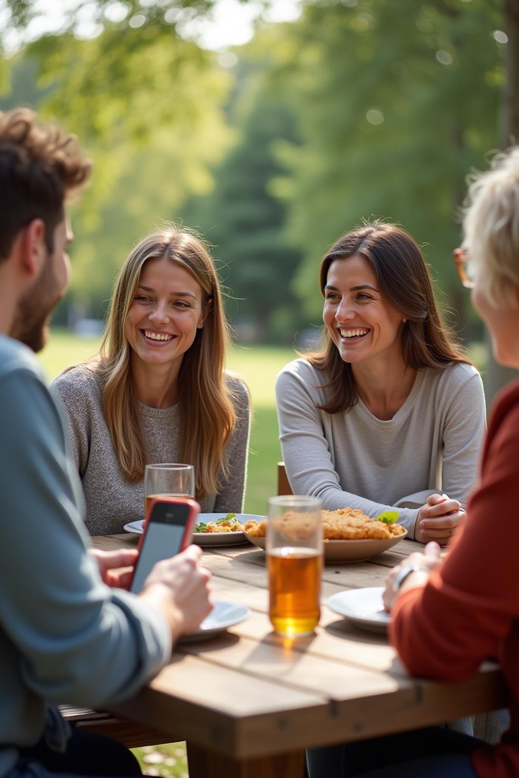 Friendly adults in their 30s sitting together outdoors, smiling and talking at a picnic table