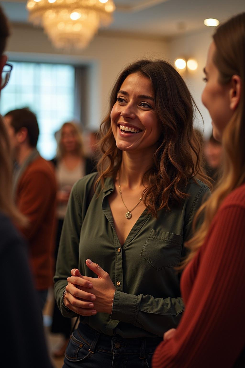 A woman in her 30s shaking hands and making new friends at a social event
