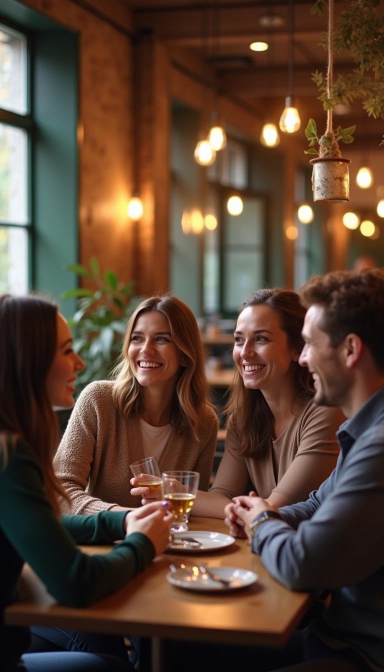 Friends in their 30s enjoying coffee and laughter together at a cafe