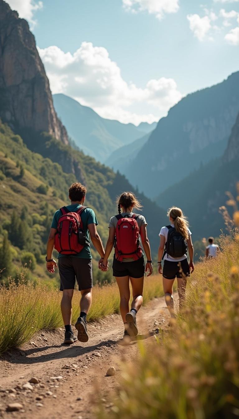 Friends in their 30s hiking together on a trail, enjoying nature and friendship