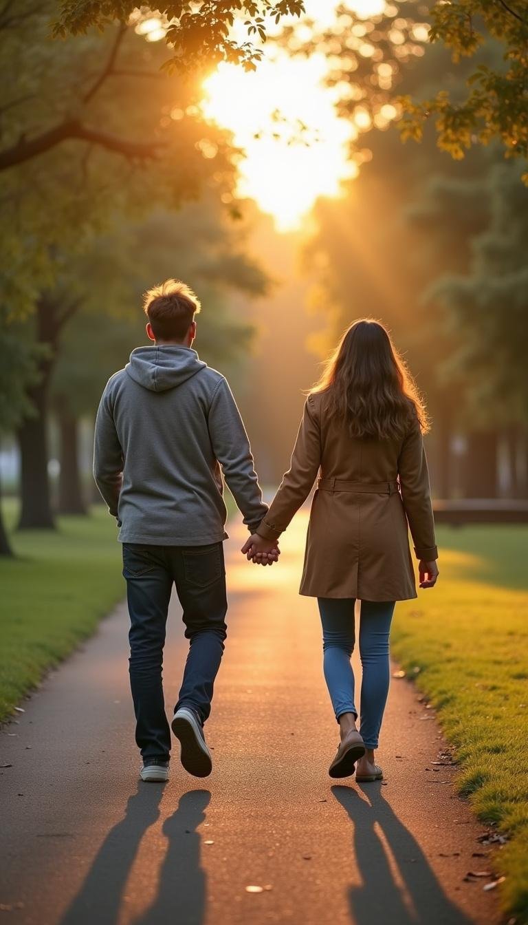 Romantic couple walking outdoors, demonstrating mutual support and commitment to overcoming mismatched intimacy needs.