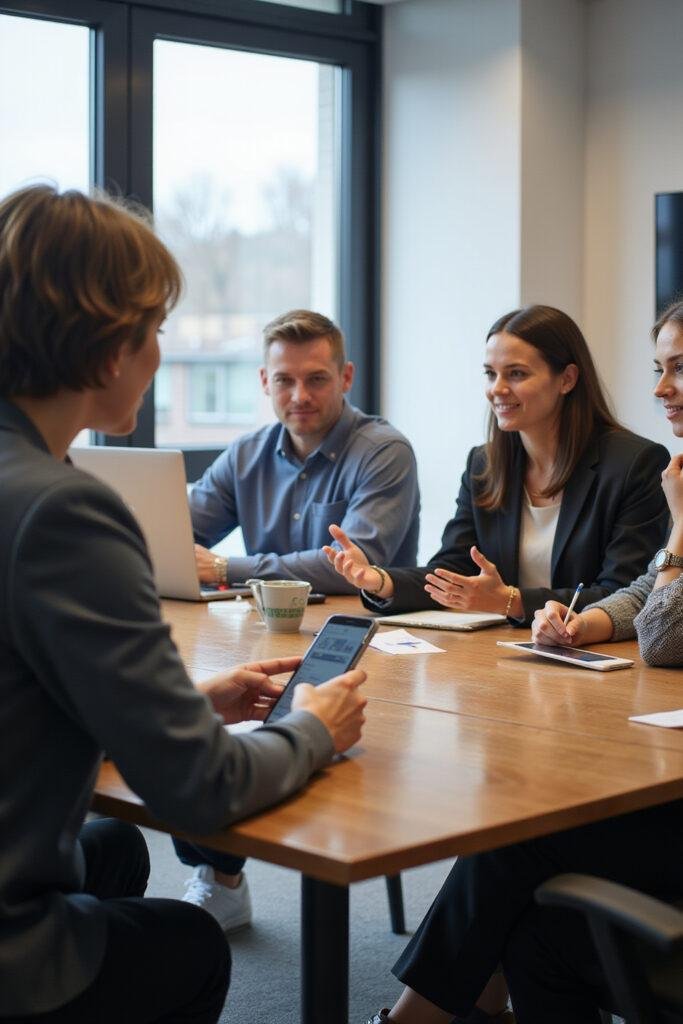 A diverse group of office workers having a respectful discussion during a meeting, illustrating professional collaboration and integrity.