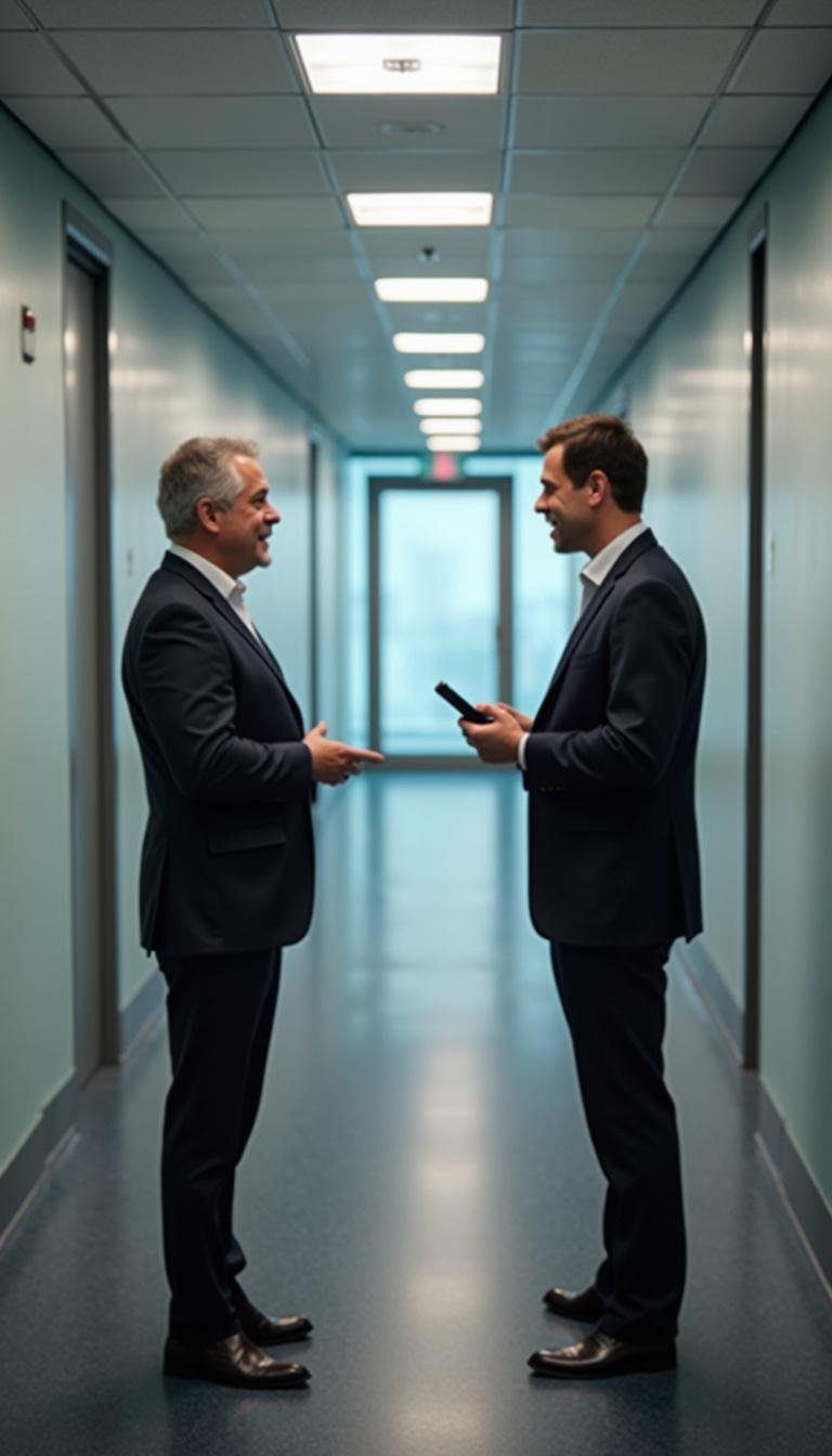 A manager offering constructive feedback to an employee in an office corridor, highlighting honest leadership and trustworthiness.