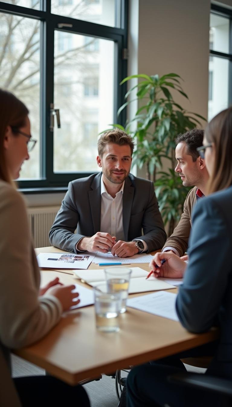 A team working together on a project in a collaborative and respectful office environment, emphasizing teamwork and integrity.