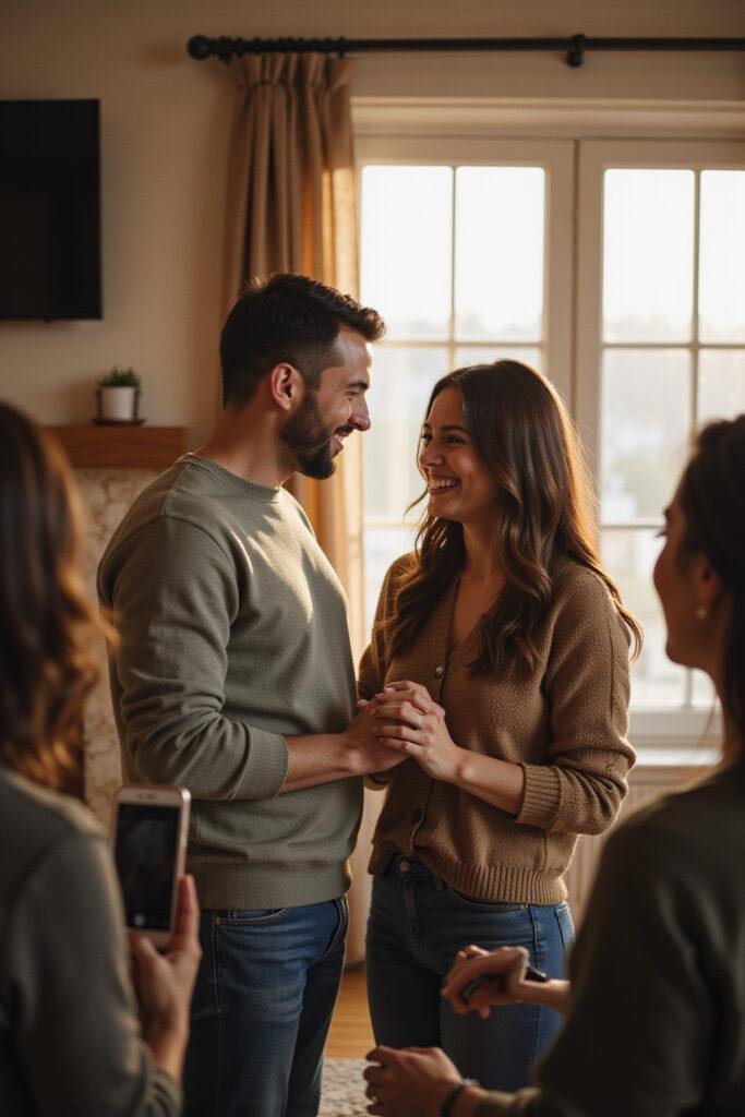 Couple smiling and holding hands in a warm living room setting, symbolizing rekindled love in a long-term relationship