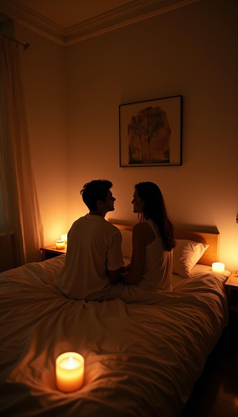 A cozy bedroom setting where a couple discusses their sexual relationship comfortably