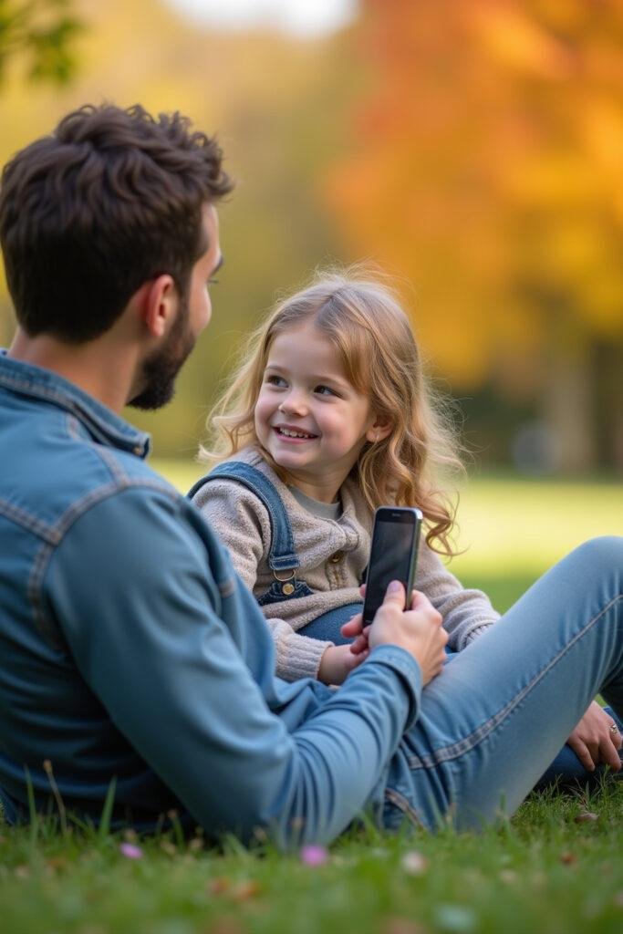 Parent talking calmly to a young child outdoors about emotions in a peaceful setting.