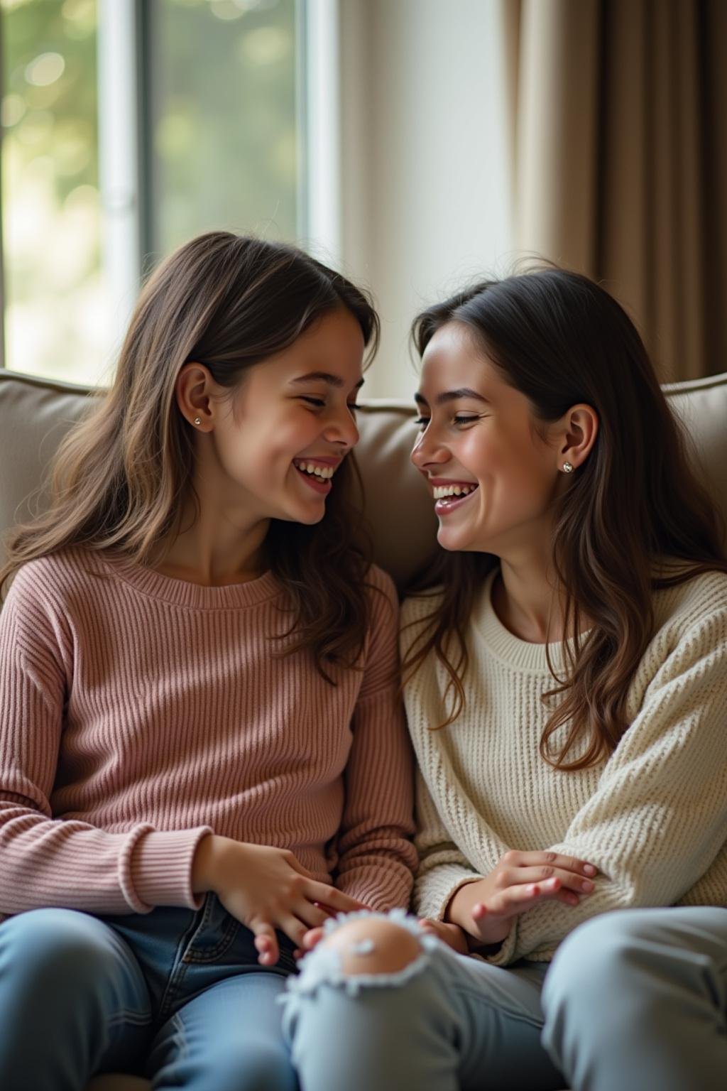 Mother and daughter having an open emotional chat on the couch, fostering understanding and connection.