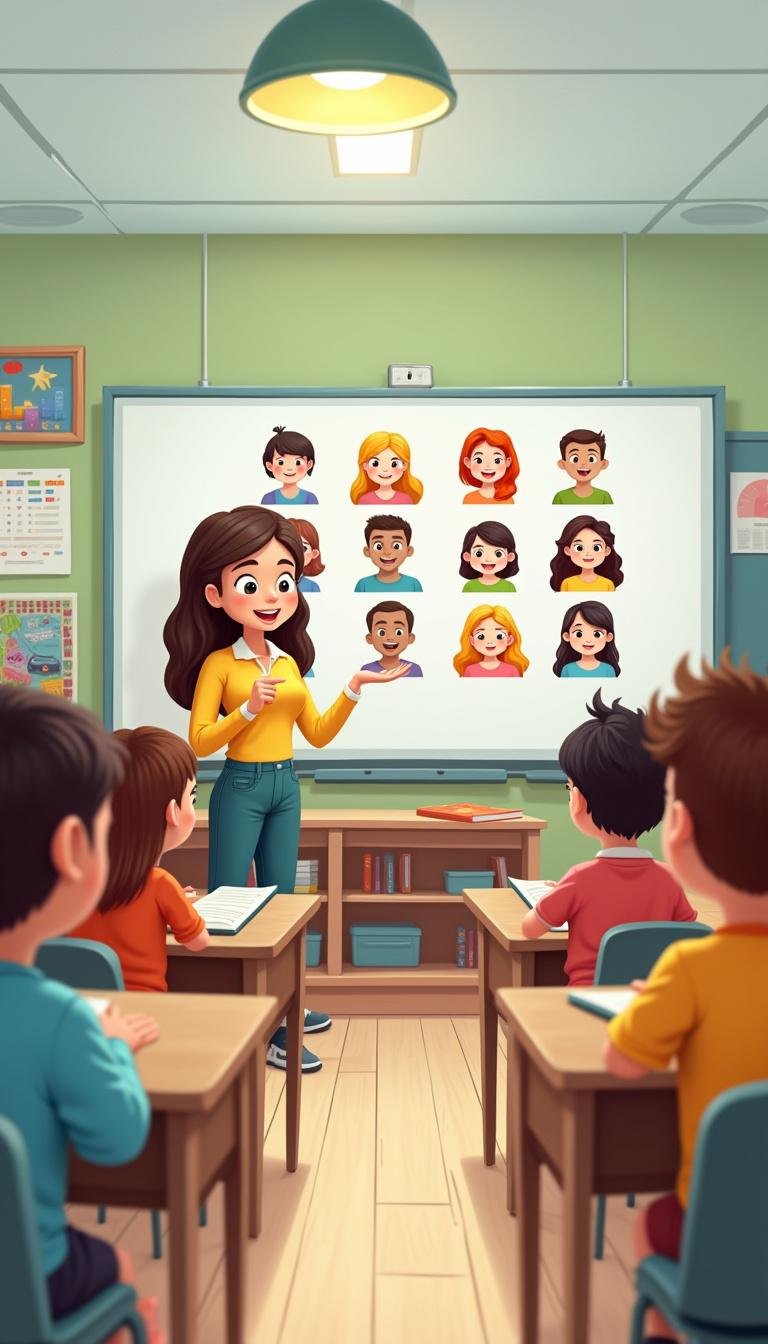 Teacher teaching children about feelings using visual charts in a classroom setting.