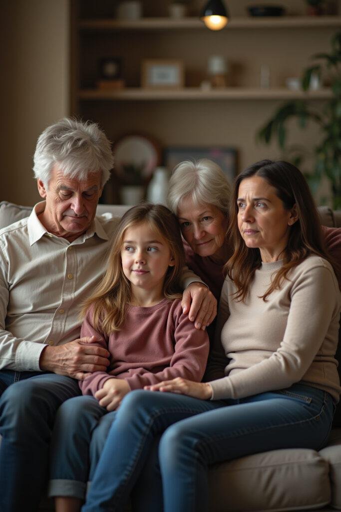 Multi-generational family gathered in a living room, representing intergenerational trauma and family dynamics.