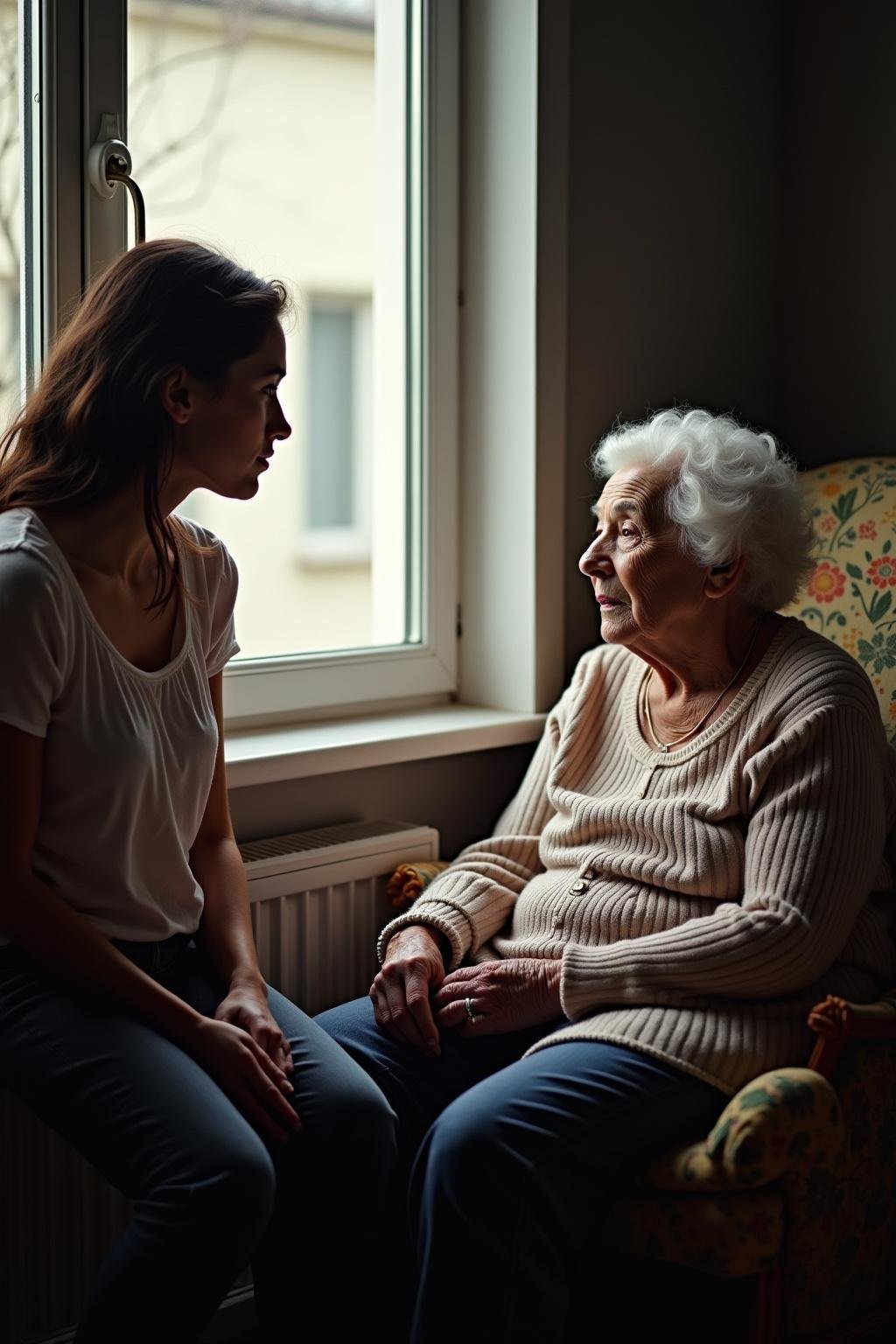 Young woman and elderly grandmother in a home, illustrating intergenerational trauma and emotional connection.