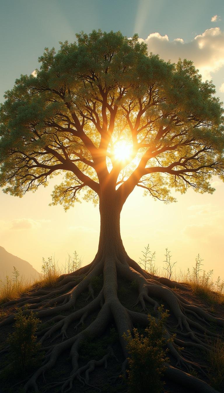 Illustration of a family tree highlighting heritage and intergenerational trauma, symbolized with sunlight and growth.