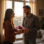 Couple expressing love through gifts and acts of service in a warm, inviting living room setting, illustrating love languages in action in 2025.