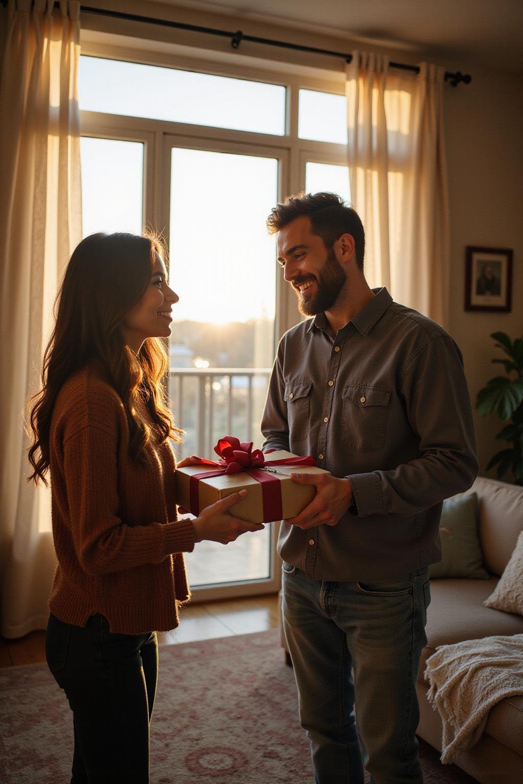 Couple expressing love through gifts and acts of service in a warm, inviting living room setting, illustrating love languages in action in 2025.
