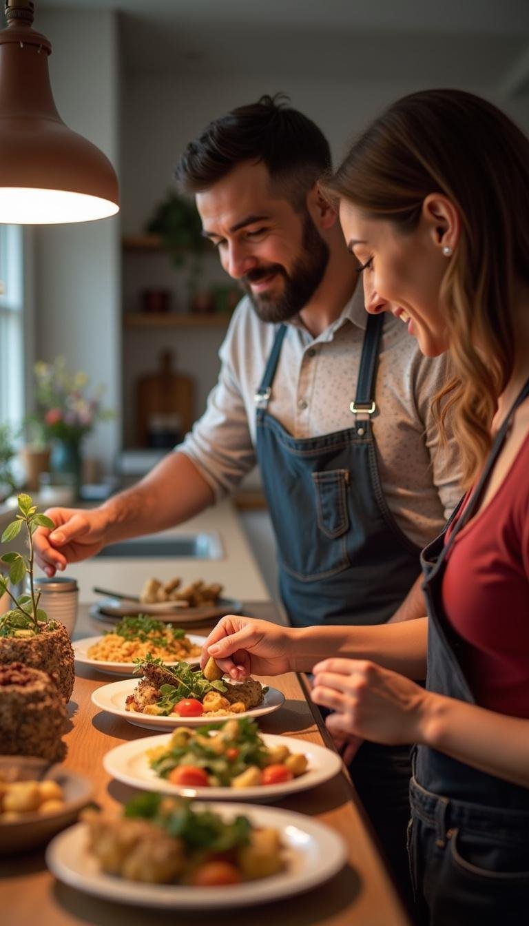 Couple cooking together in a contemporary kitchen, representing quality time and acts of service in expressing love in 2025.