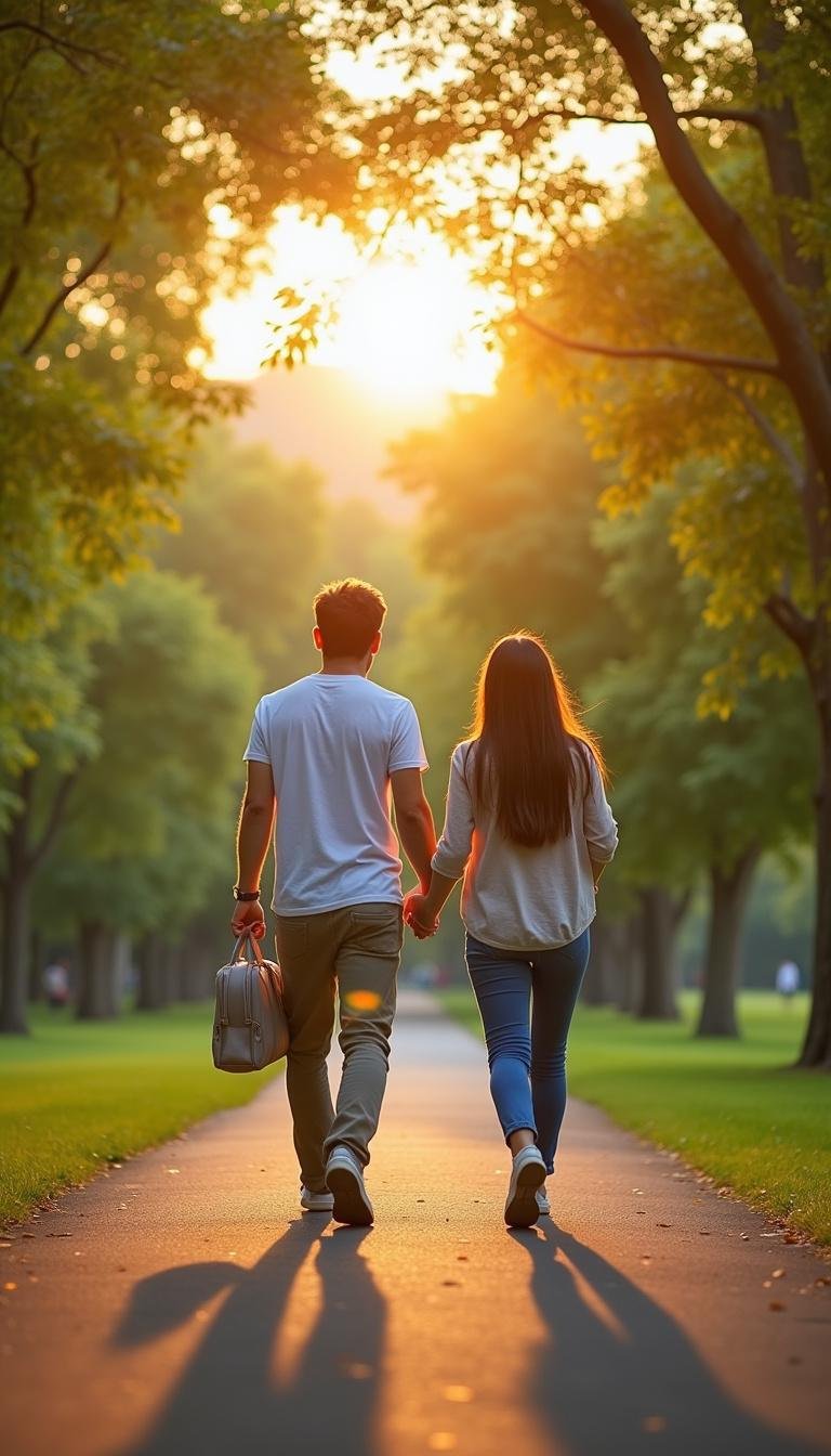 Partners strolling in a green park on a weekend, enjoying quality time together and strengthening their relationship in 2025.