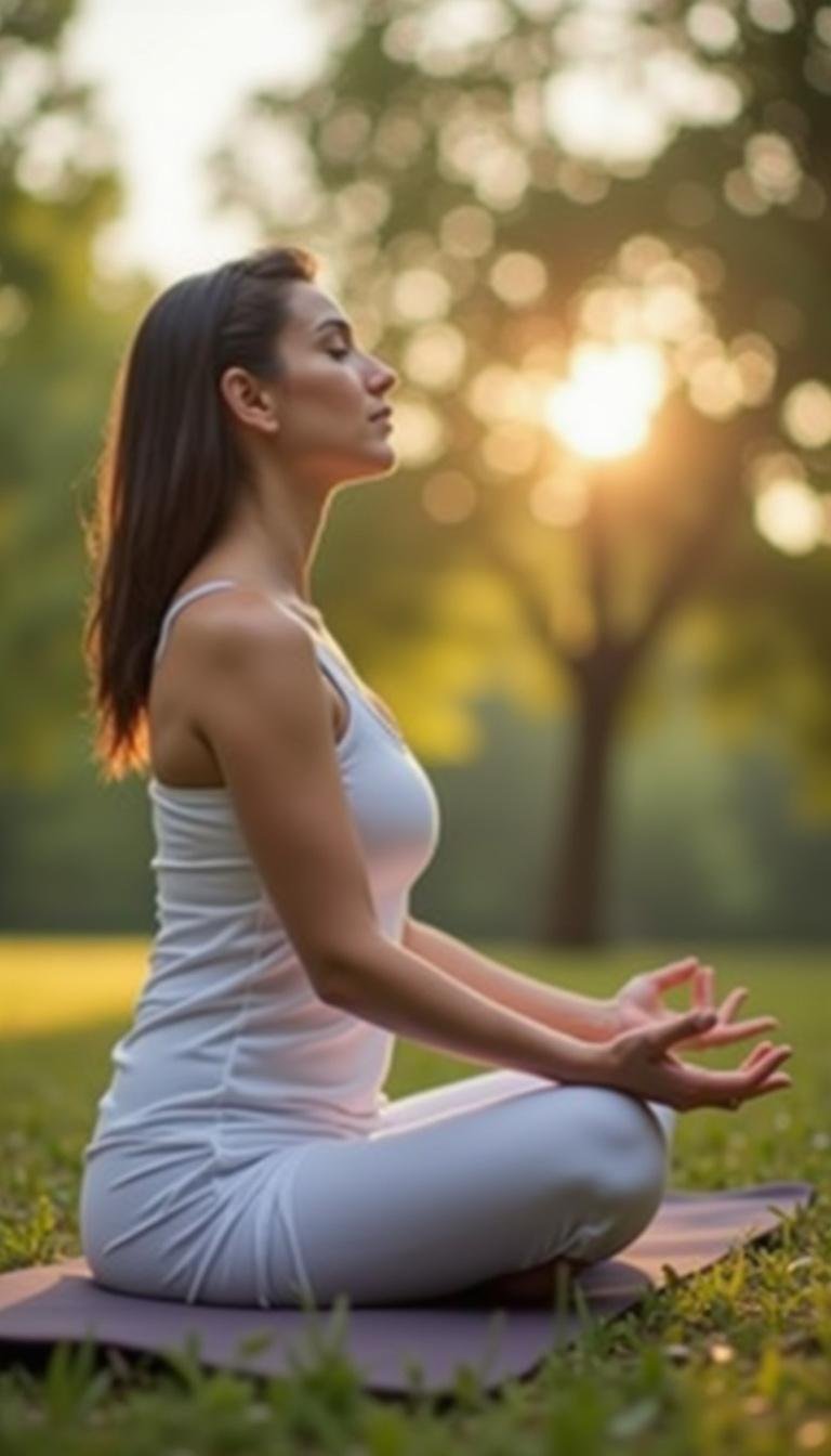 Woman practicing yoga outside in nature, emphasizing stress management and non-hormonal health solutions.
