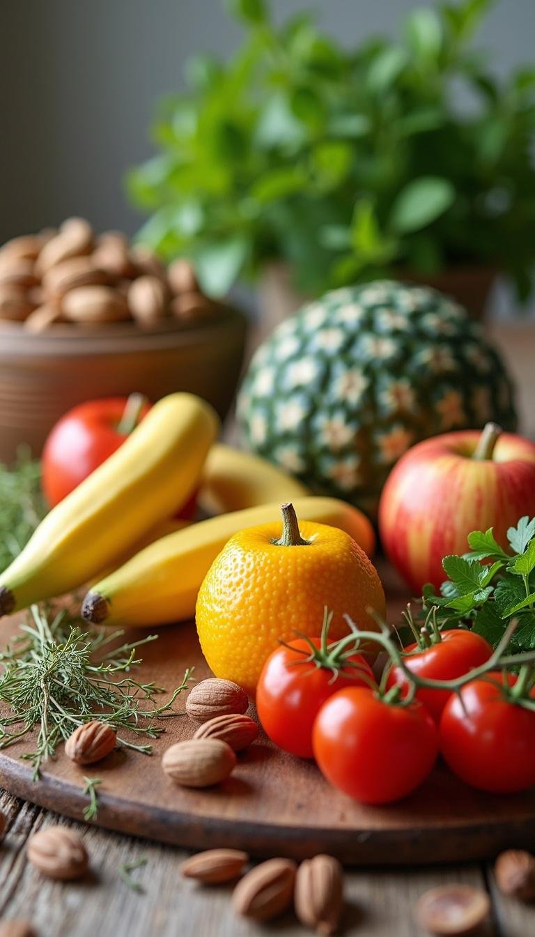 Healthy foods such as fruits, nuts, and herbs on a table, supporting natural approaches to improving libido.