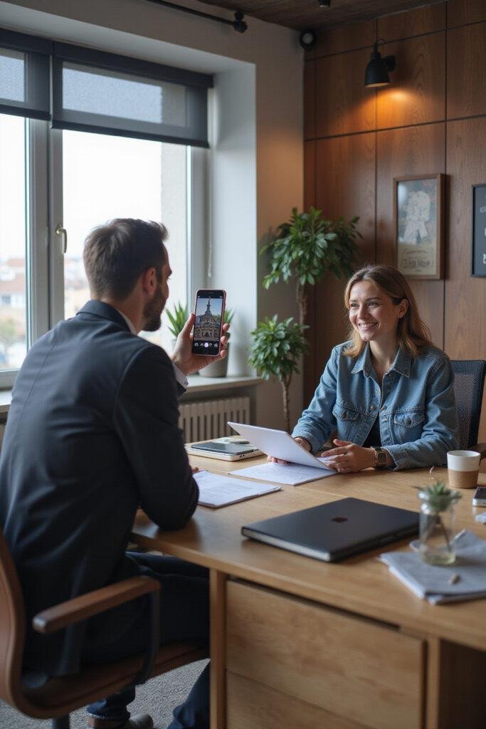 Employee and boss having a positive conversation in a modern office to depict healthy workplace relations