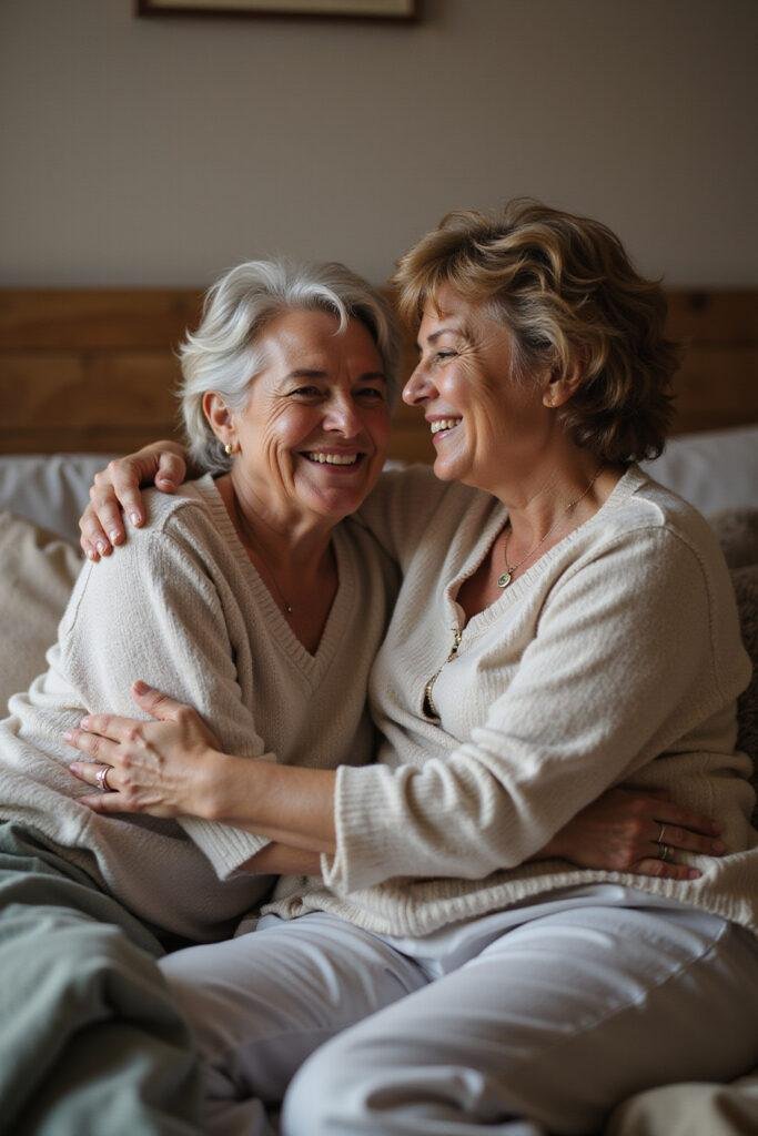 Happy middle-aged woman with her partner in a bedroom, representing intimacy during menopause.