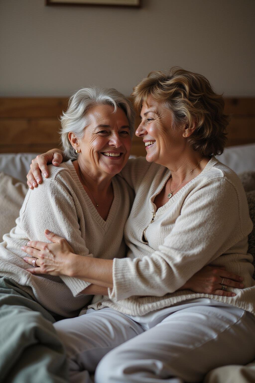 Happy middle-aged woman with her partner in a bedroom, representing intimacy during menopause.