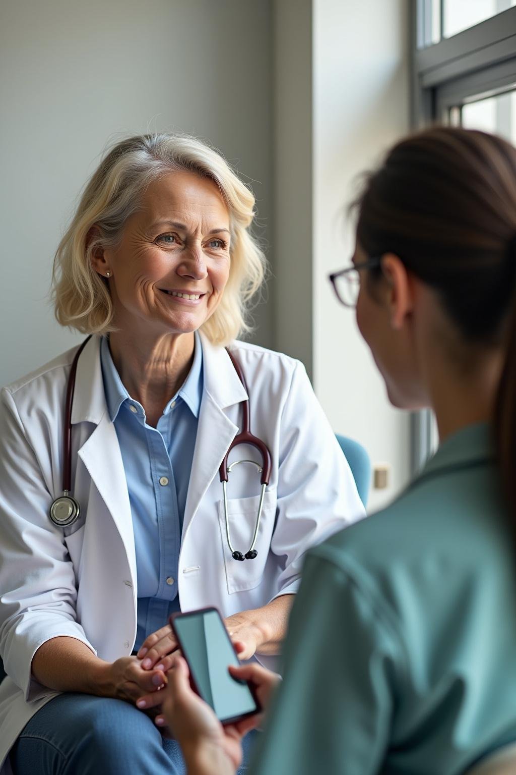 Doctor talking to a woman about menopause and sexual health in a clinical setting.