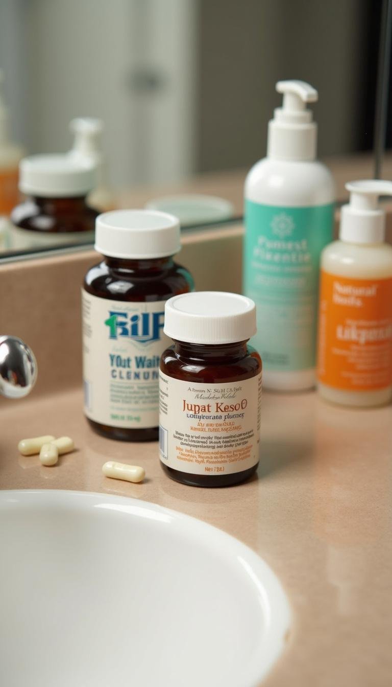 Variety of menopause-related supplements and personal lubricants displayed on a table.