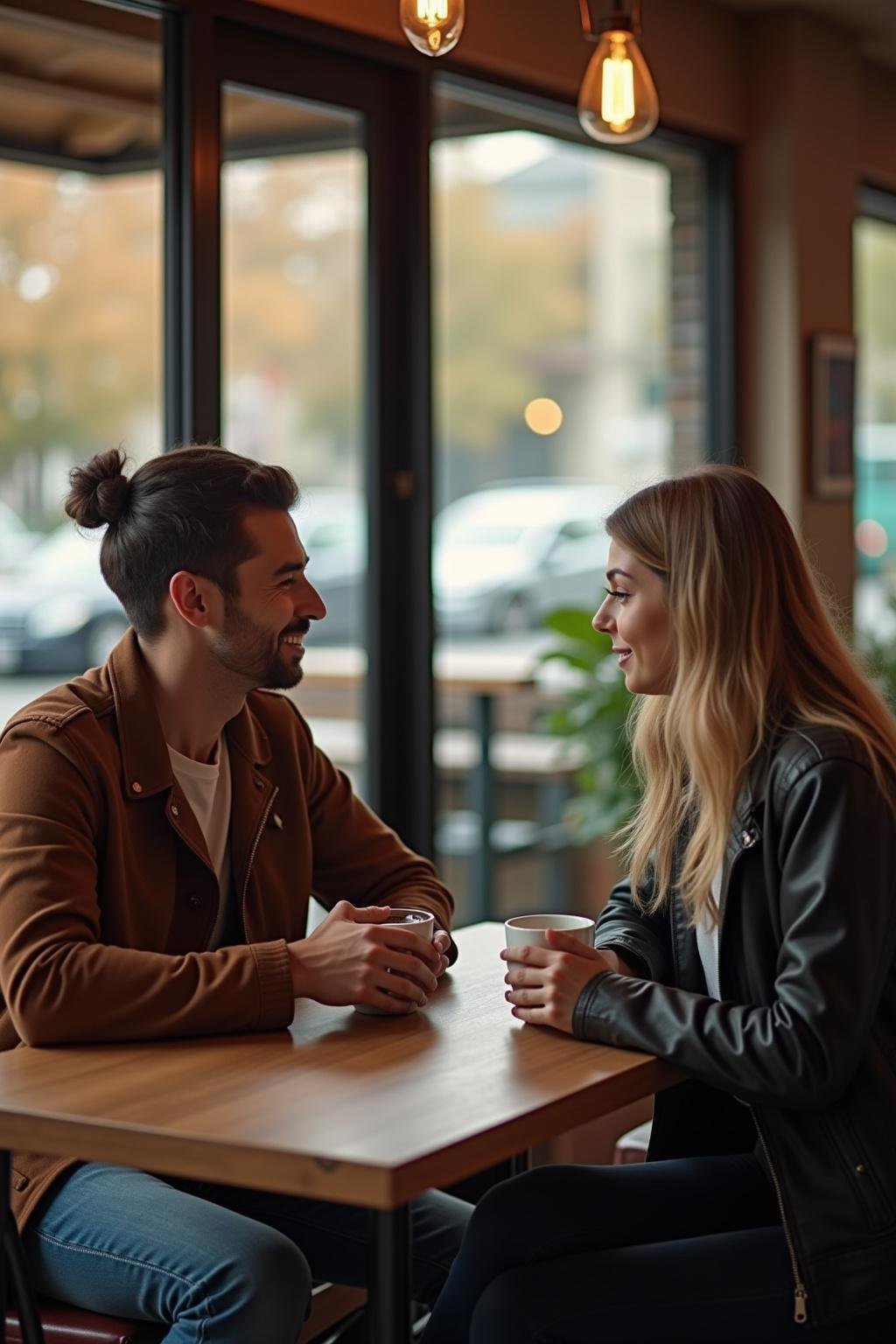 Two people engaging in mindful, honest conversation at a cafe to foster healthy dating relationships
