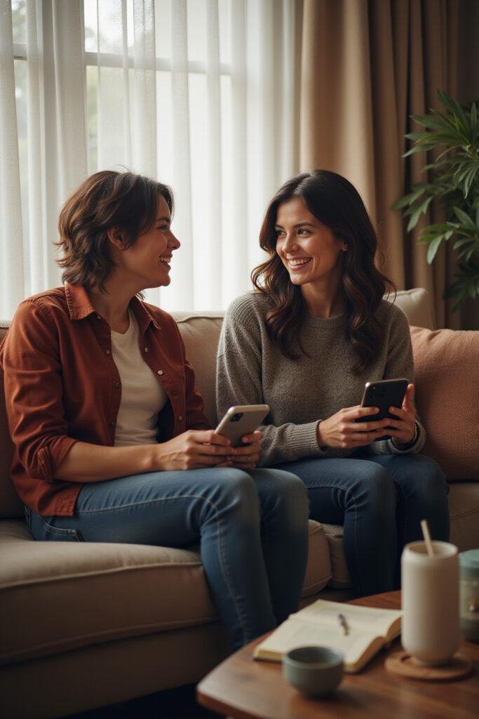 A happy couple discussing relationship matters openly on a sofa, representing mutual consent in a healthy relationship
