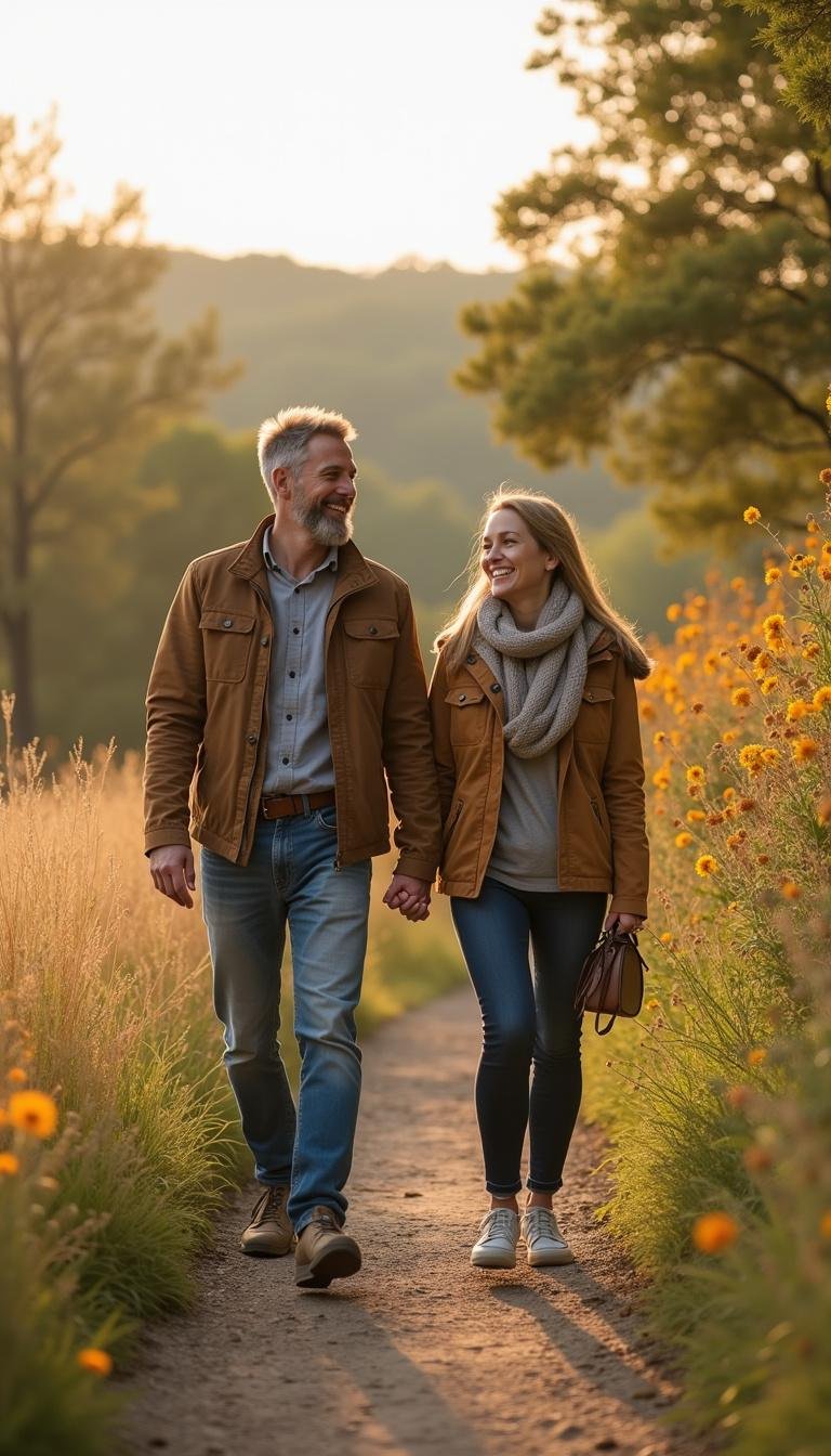 Joyful couple holding hands and walking through nature, illustrating mutual understanding and connection