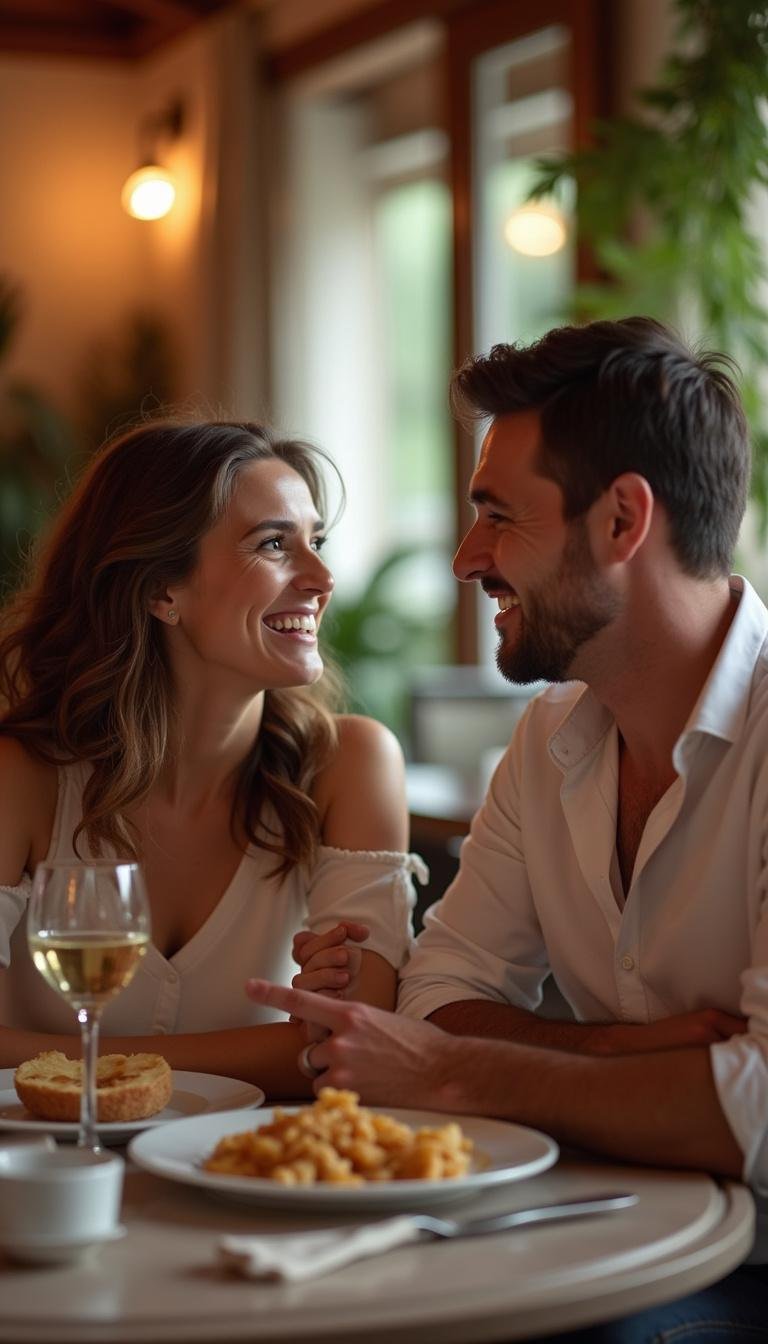 Couple sharing a meaningful conversation over dinner, emphasizing respectful communication in a healthy relationship