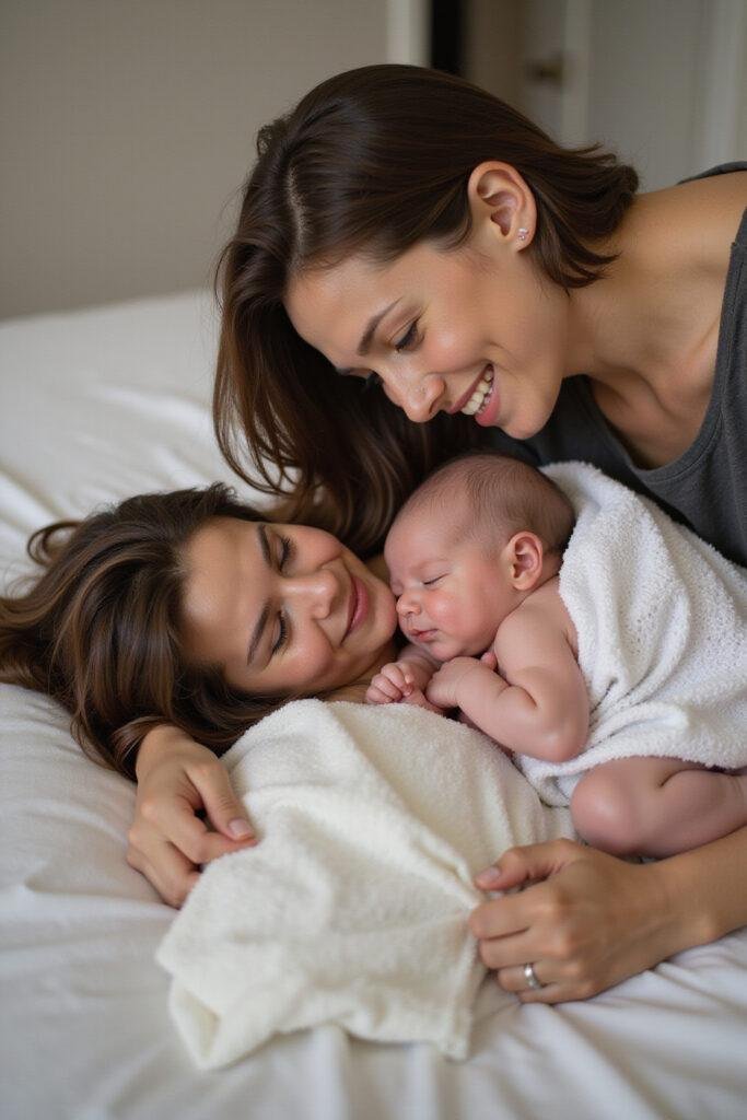 New mother and her partner sharing a gentle, intimate moment in the bedroom post childbirth.