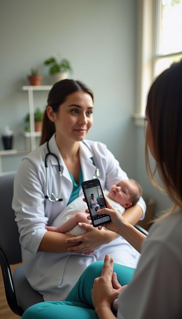 Healthcare professional discussing postpartum health and sexual wellbeing with a new mother in a clinical setting.