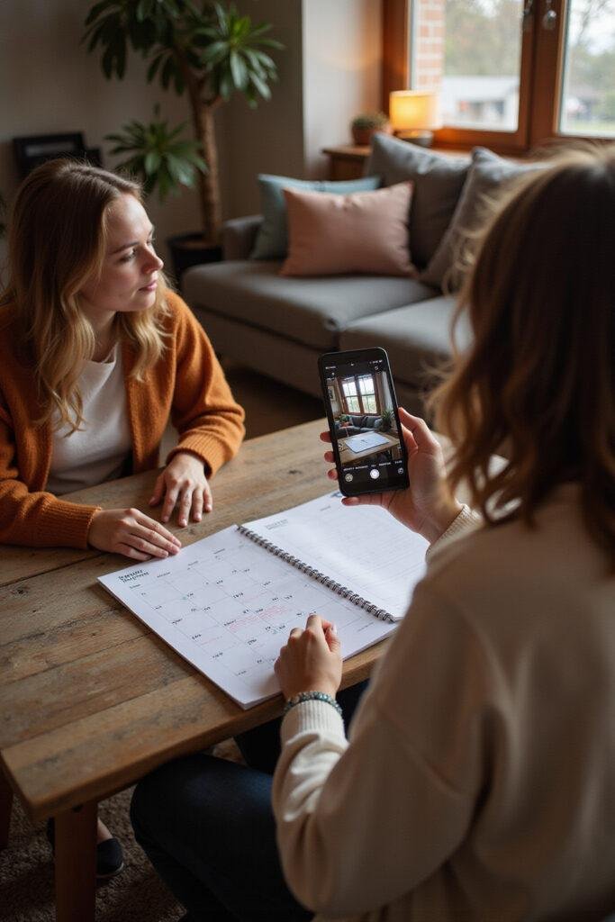 Couple planning date night on a calendar to schedule intimacy and strengthen their relationship.