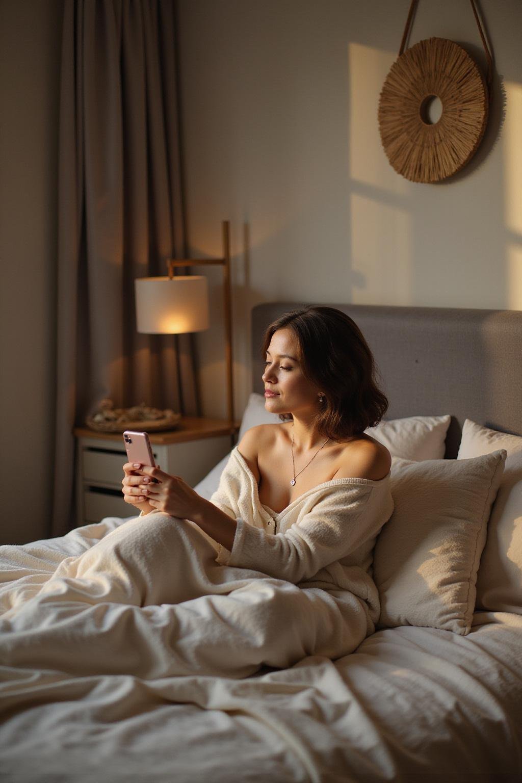 Woman practicing self-care through self-pleasure in a comfortable, relaxing bedroom setting
