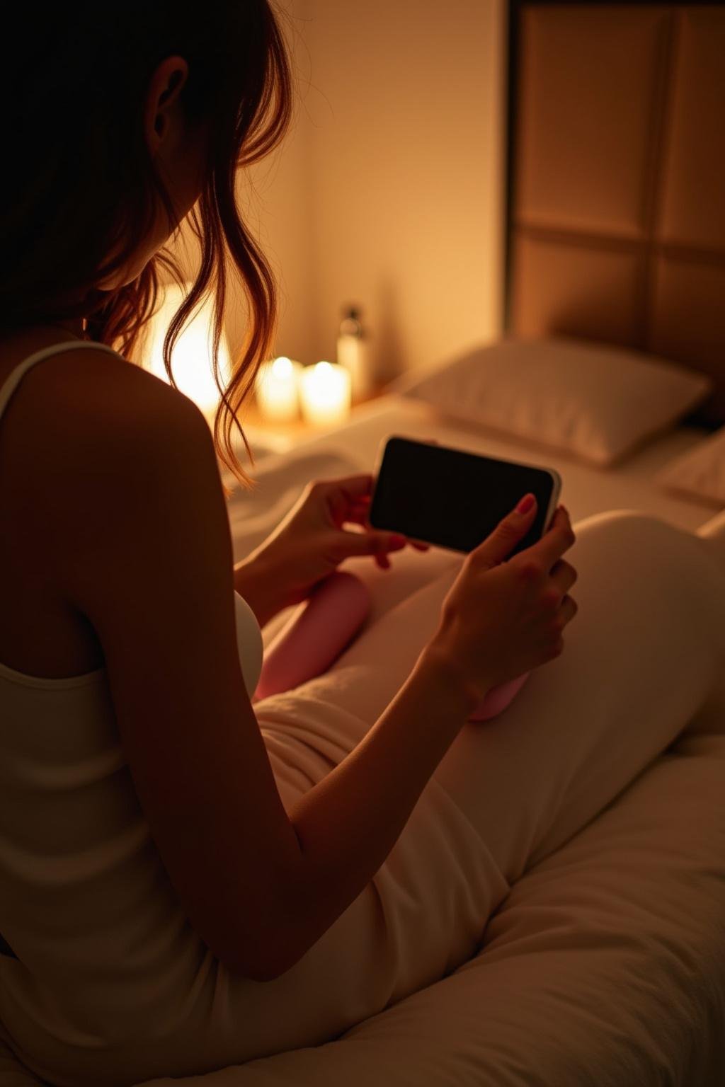 Close-up of sensual massage tools used in self-pleasure inside a cozy, relaxing room