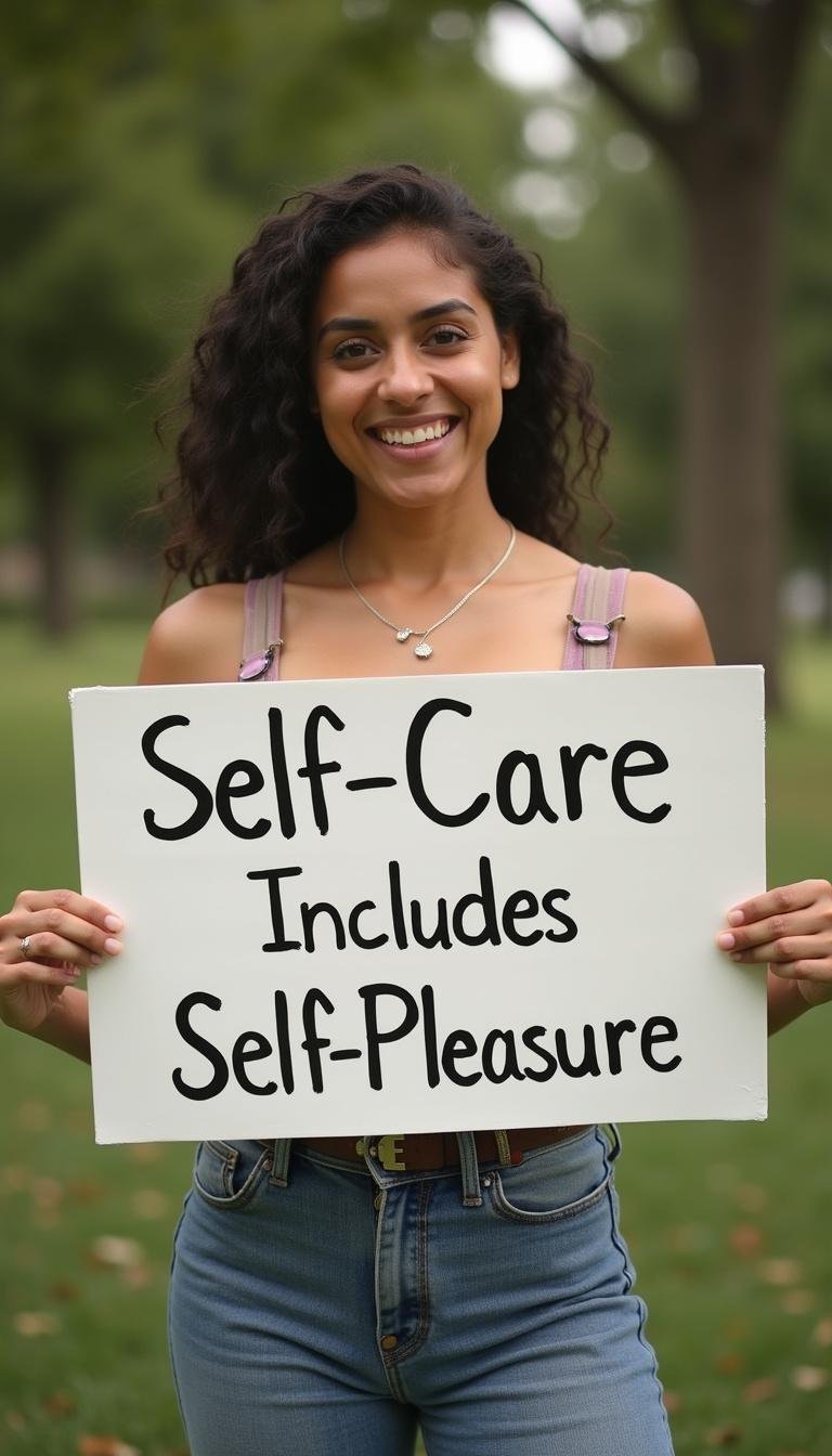 Person holding a positive self-care sign about self-pleasure outdoors, embodying empowerment and self-love