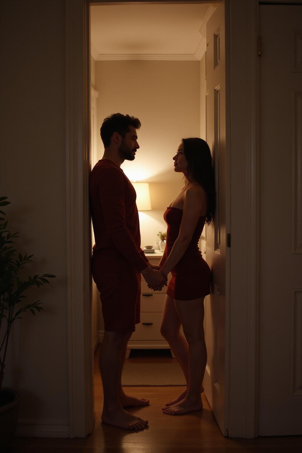 A couple having sex but appearing emotionally disconnected and unhappy in a bedroom setting