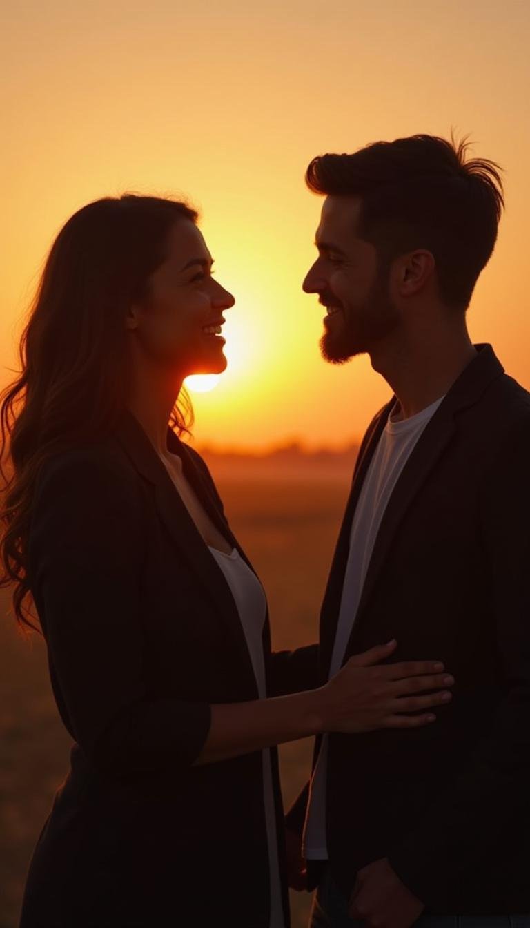 A couple talking intimately outdoors at sunset, emphasizing emotional connection and closeness