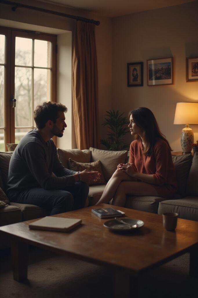 Couple discussing issues related to sexual burnout in a comfortable home setting