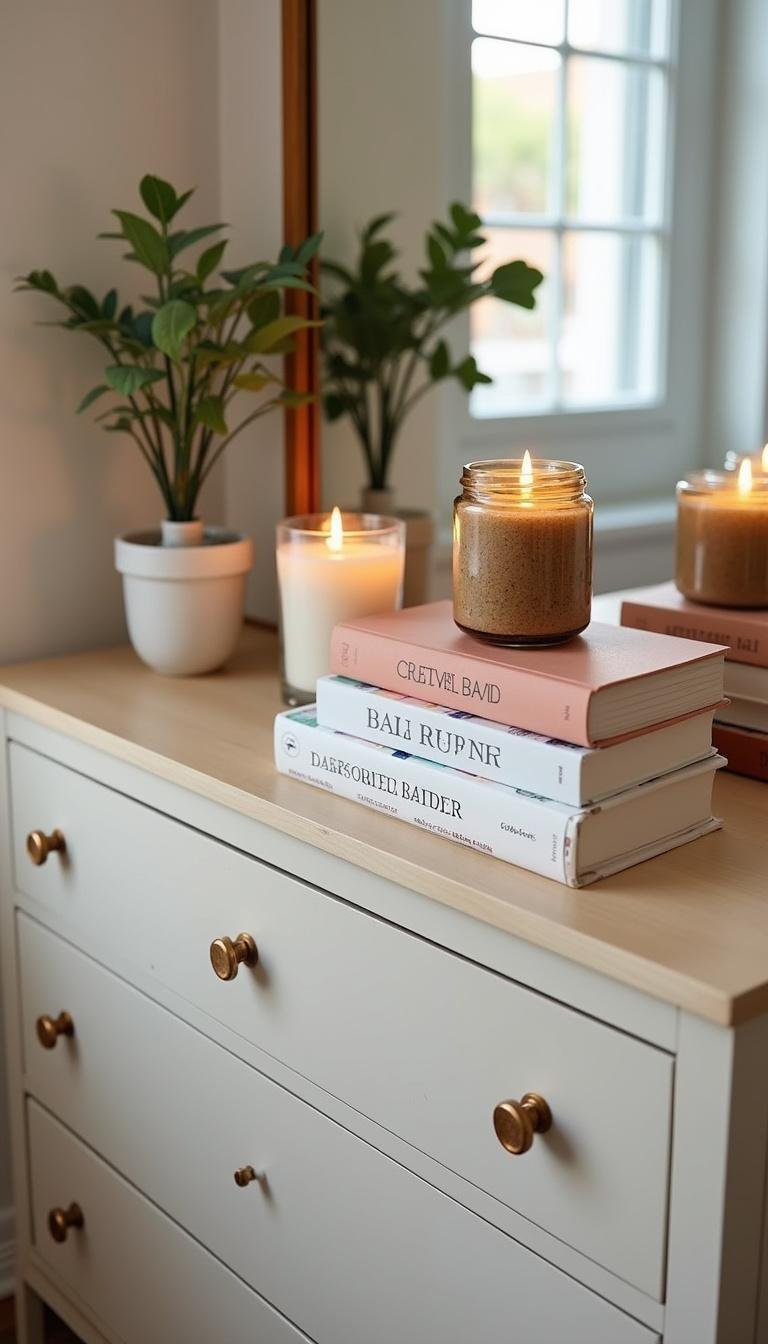 Items promoting relaxation and self-care to combat sexual burnout in a bedroom environment