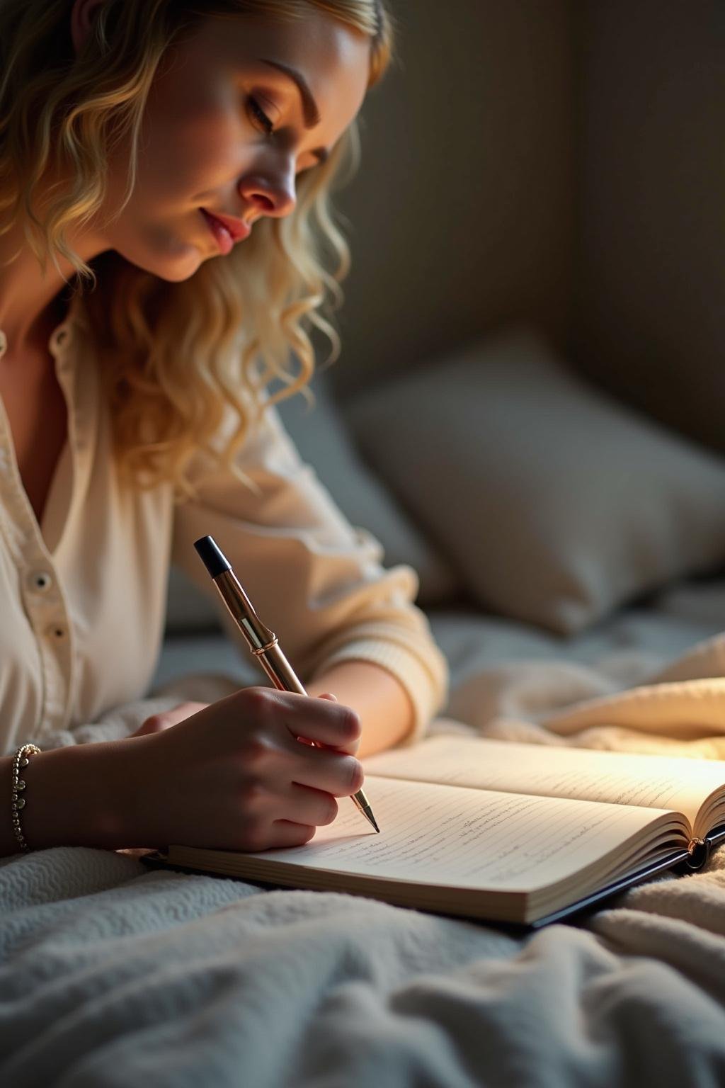 Woman writing in a journal in a comfortable bedroom setting to improve emotional intimacy
