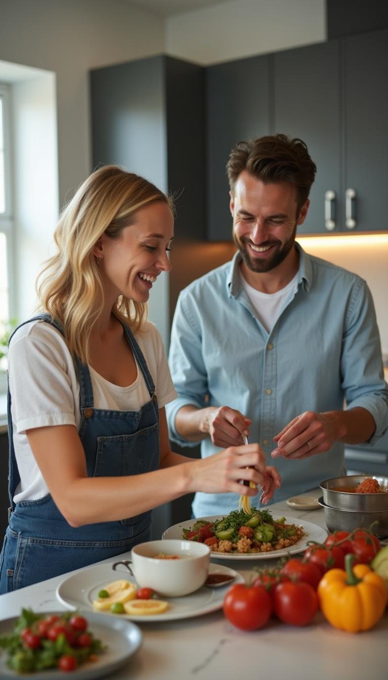 Couple preparing food together in kitchen to boost intimacy and healthy habits