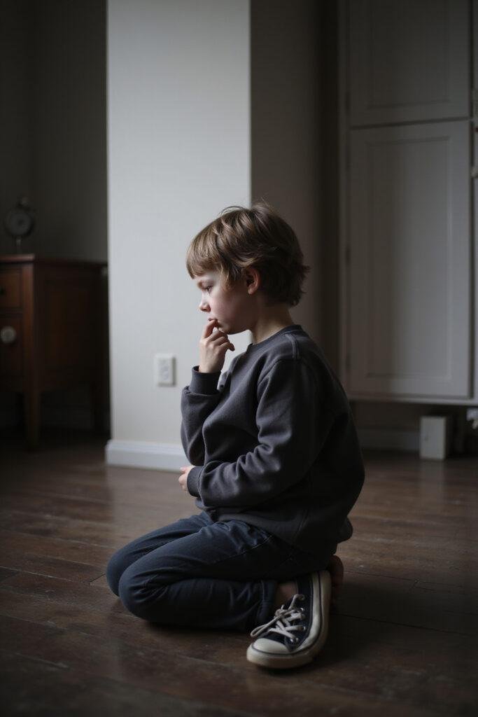 A young child sitting alone with a thoughtful expression, representing childhood shame and emotional reflection.